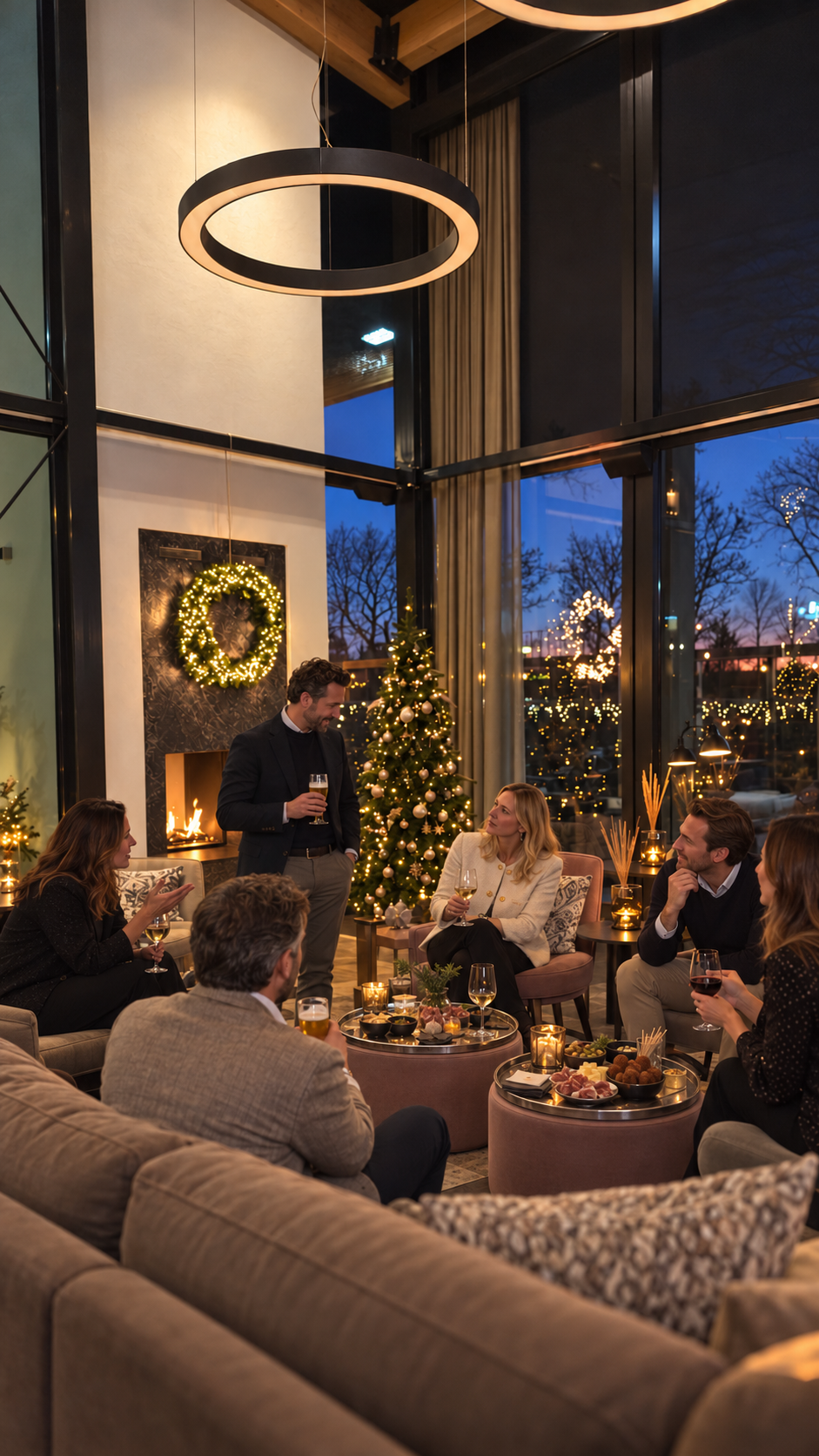 Sfeerimpressie van een zakelijke kerstborrel bij de kerstboom en open haard